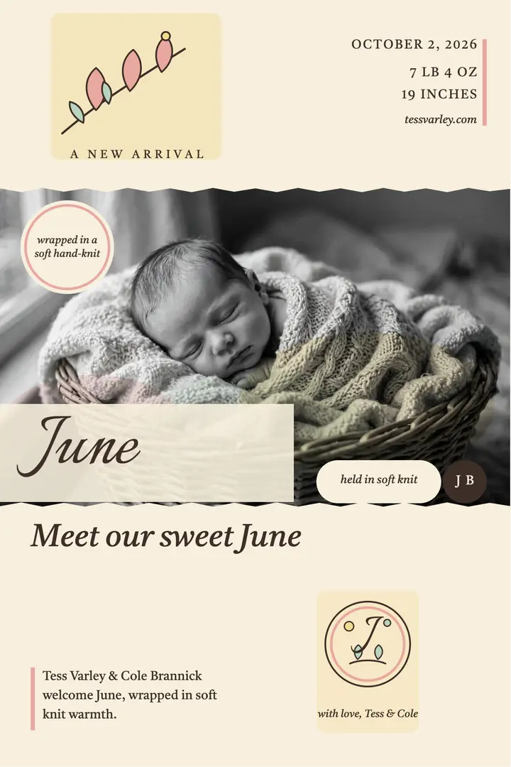 June arrival poster, hand-tinted: baby arrival poster template