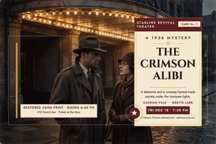 Crimson Alibi screening lobby card postcard: mystery screening postcard template