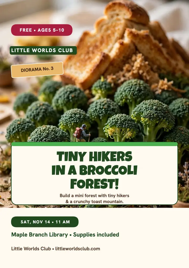 Little Worlds broccoli forest workshop flyer: library kids workshop flyer template