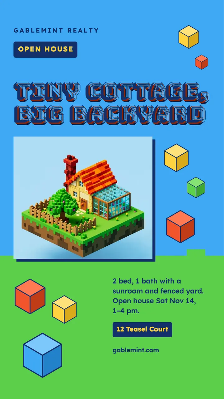 Tiny cottage open house story, voxel blocks template