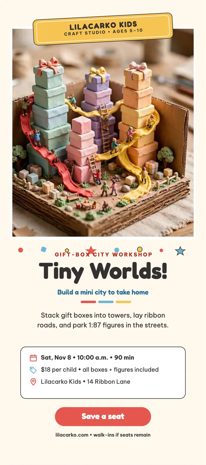 Tiny giftbox city workshop rack card template