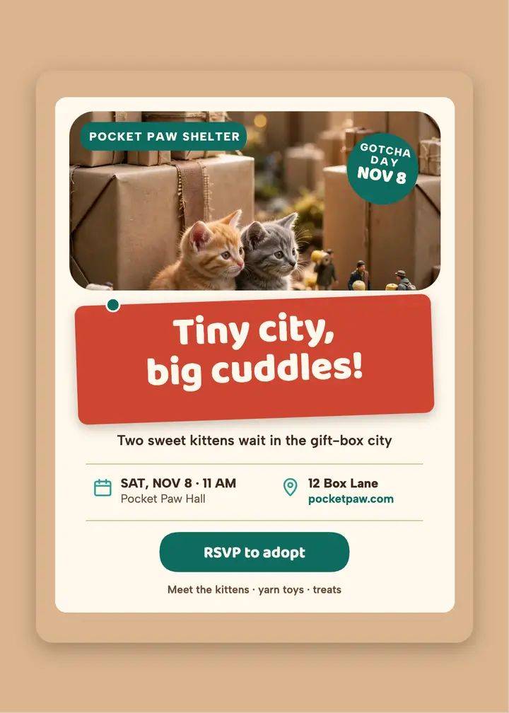 Pocket Paw kitten city adoption invitation: pet adoption invitation template