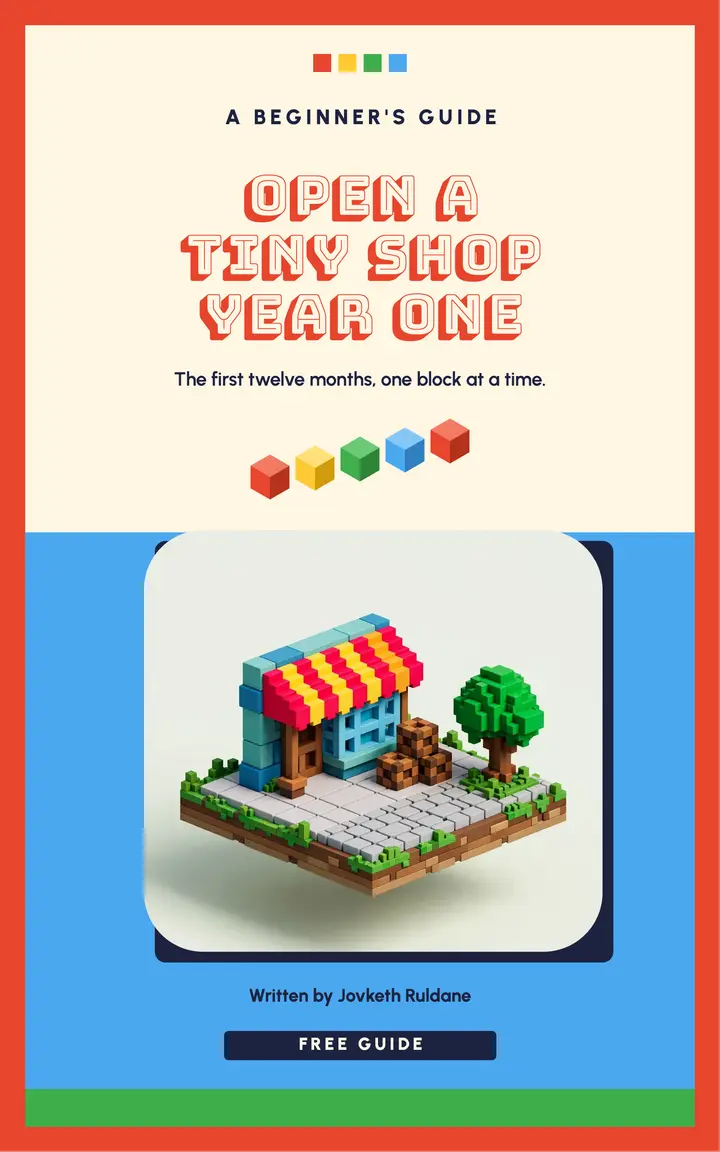 Tiny shop first-year guide ebook cover, voxel blocks template