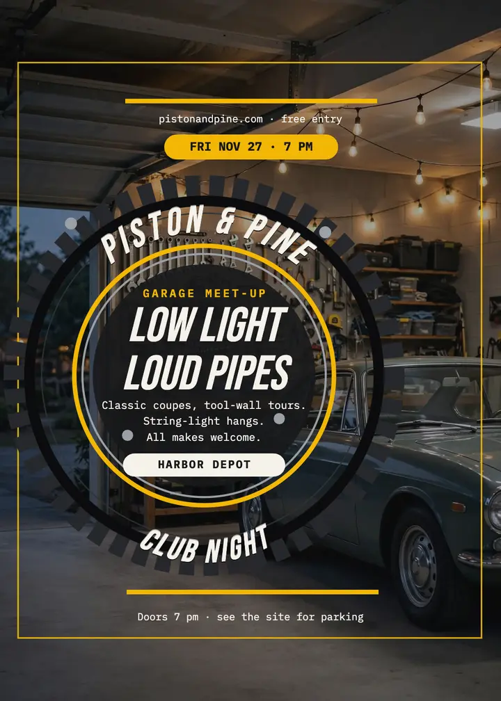 Piston and Pine club night tire invite template