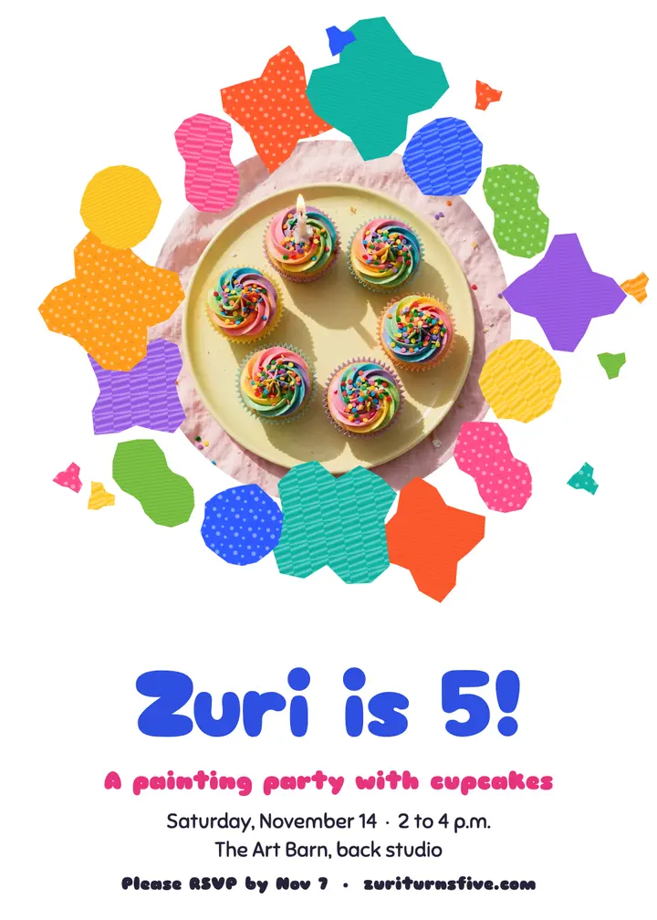 Zuri is 5, painted paper collage birthday invitation template