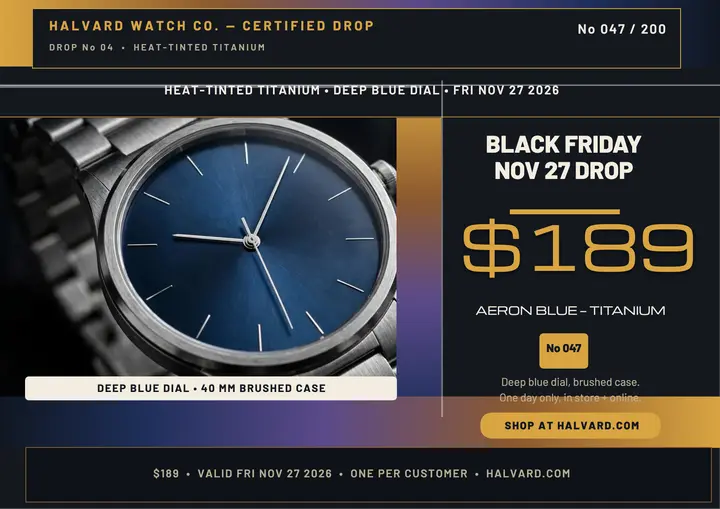 Halvard titanium watch Black Friday certificate: black friday watch sale template