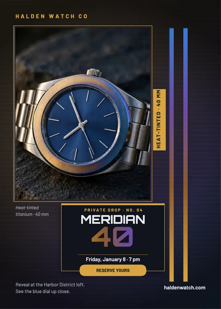 Halden Meridian 40 watch drop invite template