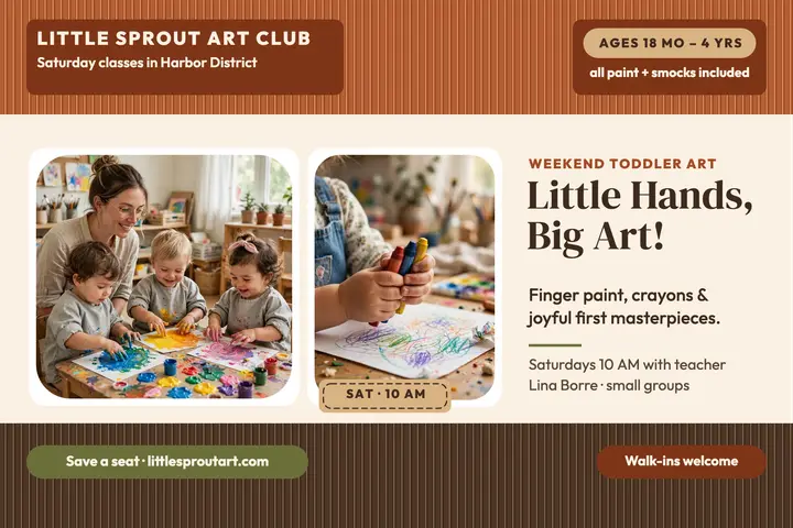 Little Sprout weekend toddler art postcard: toddler art class postcard template
