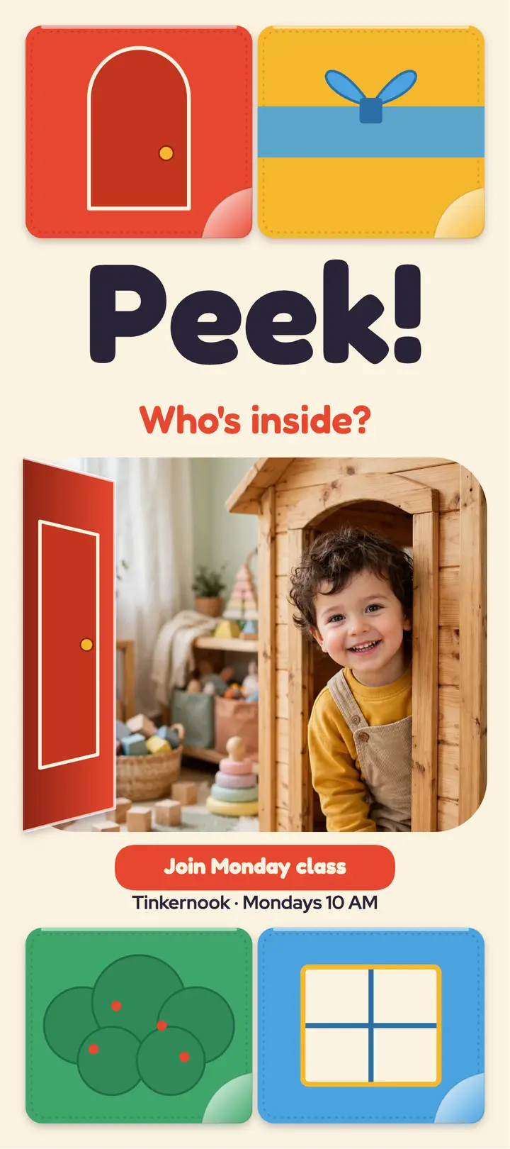 Tinkernook Peek-a-boo Mondays rack card: toddler class rack card template