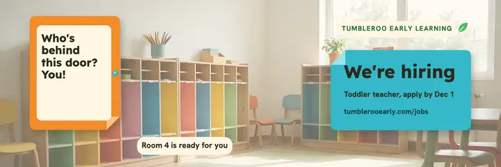 Tumbleroo toddler teacher hiring lift-the-flap header: toddler teacher hiring header template