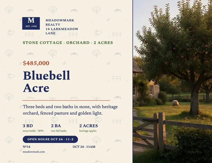 Bluebell Acre stone cottage flyer template