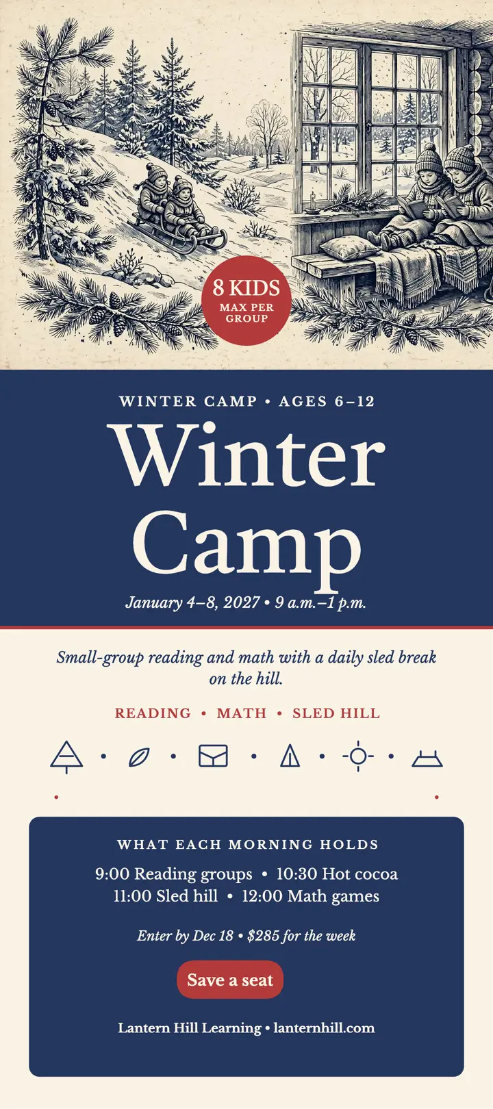 Lantern Hill winter camp toile rack card template
