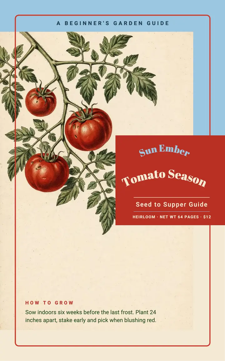 Tomato Season beginner growing guide ebook cover, seed packet: gardening ebook cover template