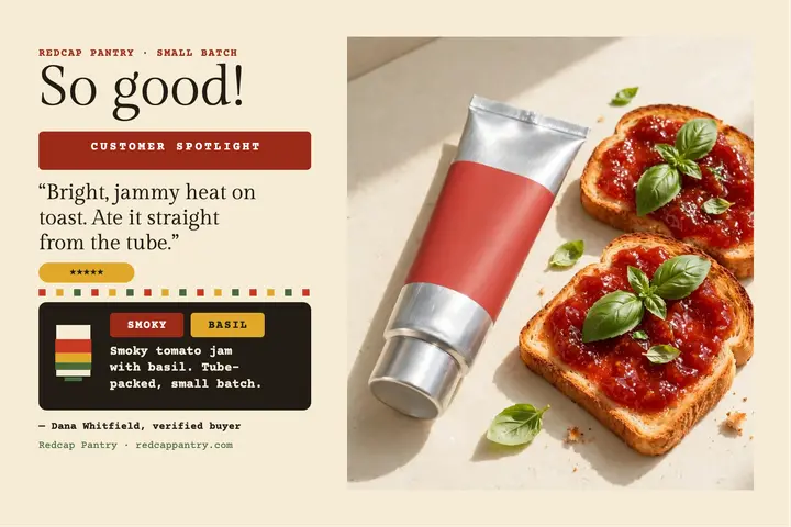 Redcap tomato jam review postcard template