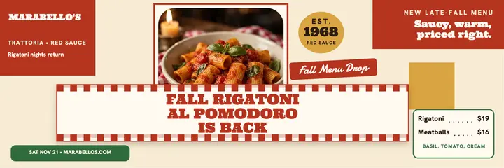 Marabello's fall rigatoni menu drop header template