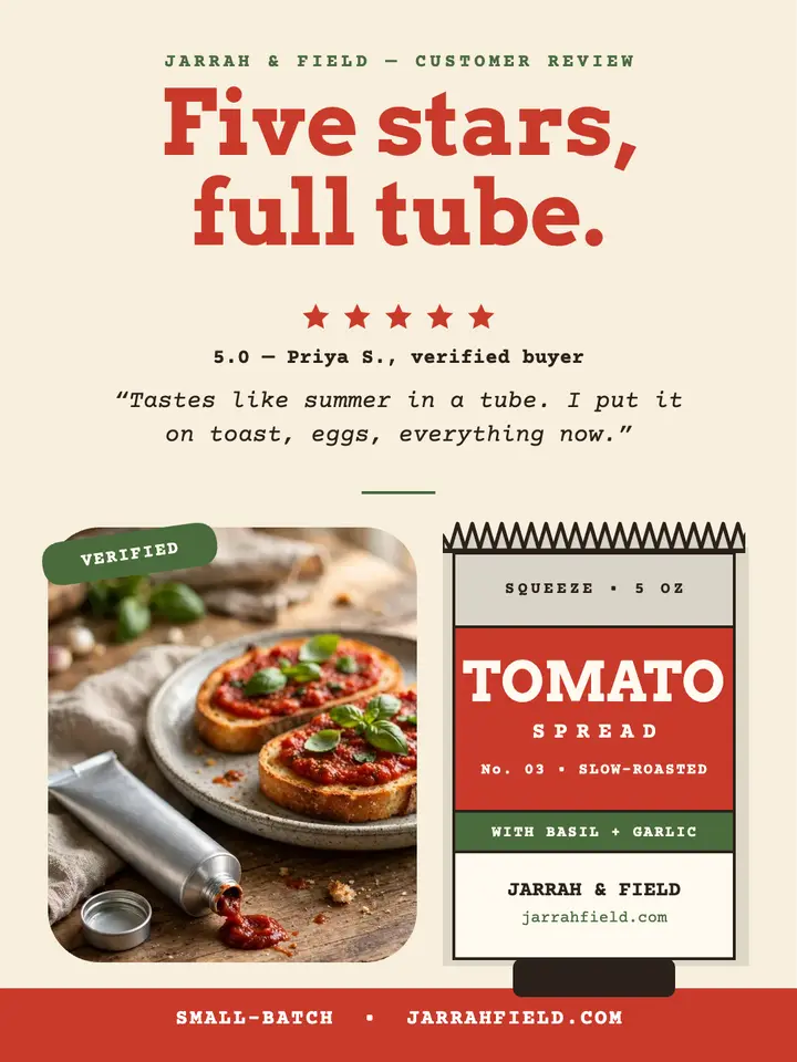 Jarrah and Field tomato spread review template