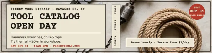 Fixery Tool Library catalog open day banner: tool library banner template