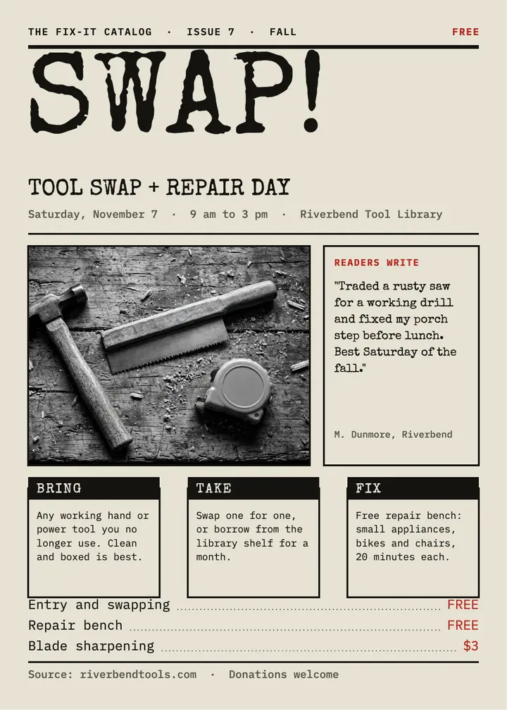 Fix-it catalog tool swap invitation: tool swap invitation template