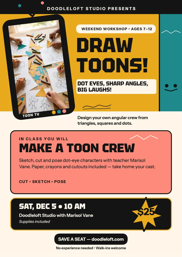Doodleloft toon drawing workshop flyer template