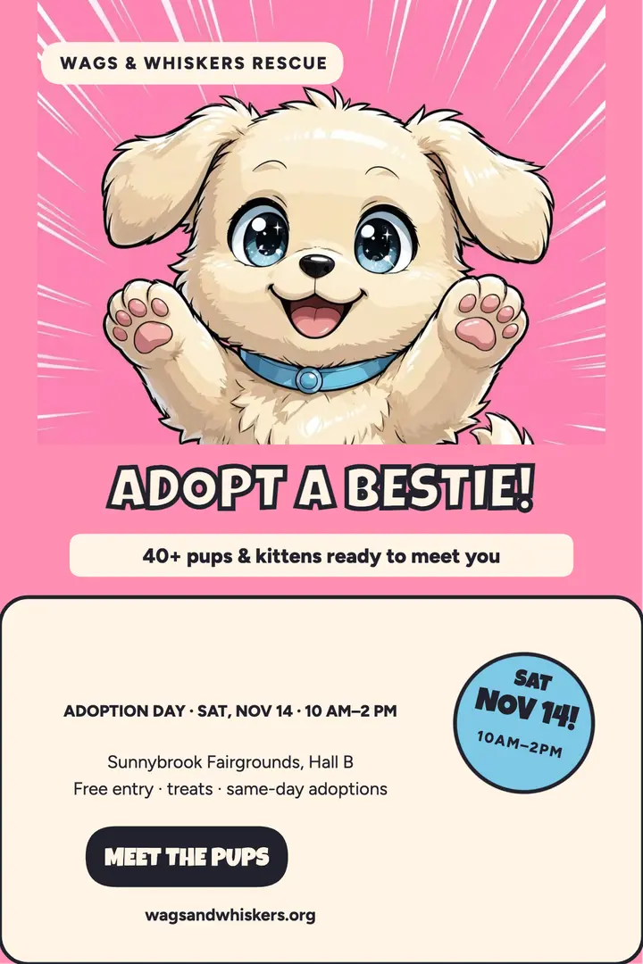 Wags and Whiskers toon pup adoption poster template