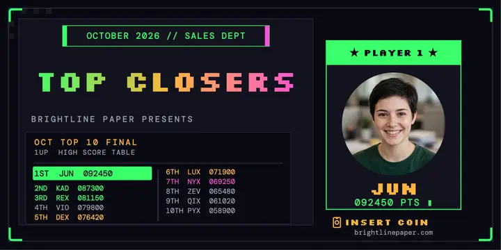 Brightline October top closers arcade post: sales leaderboard post template