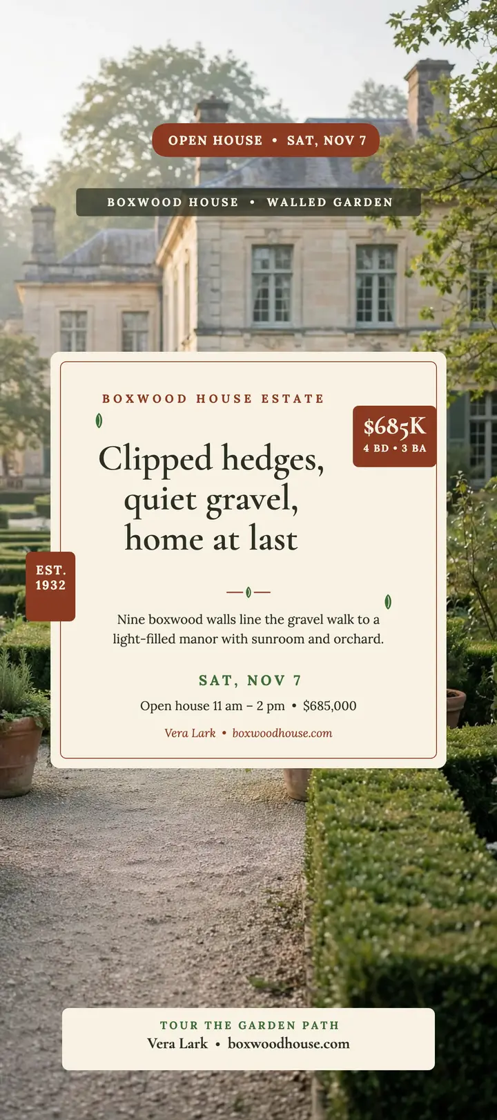 Boxwood House garden estate rack card template