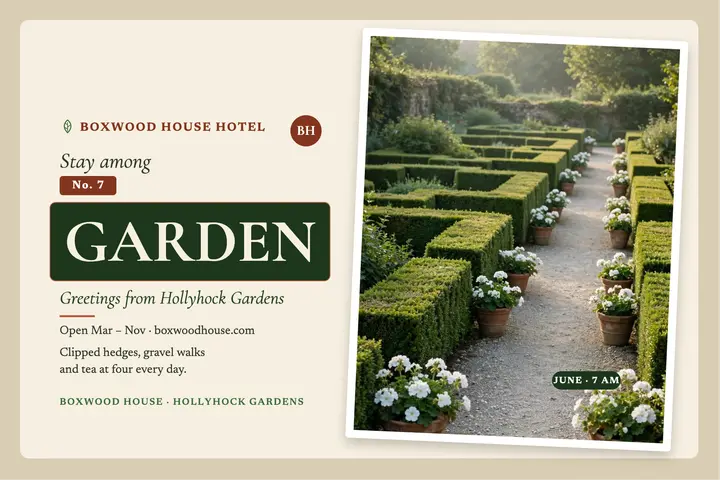 Boxwood House Hotel topiary garden postcard template