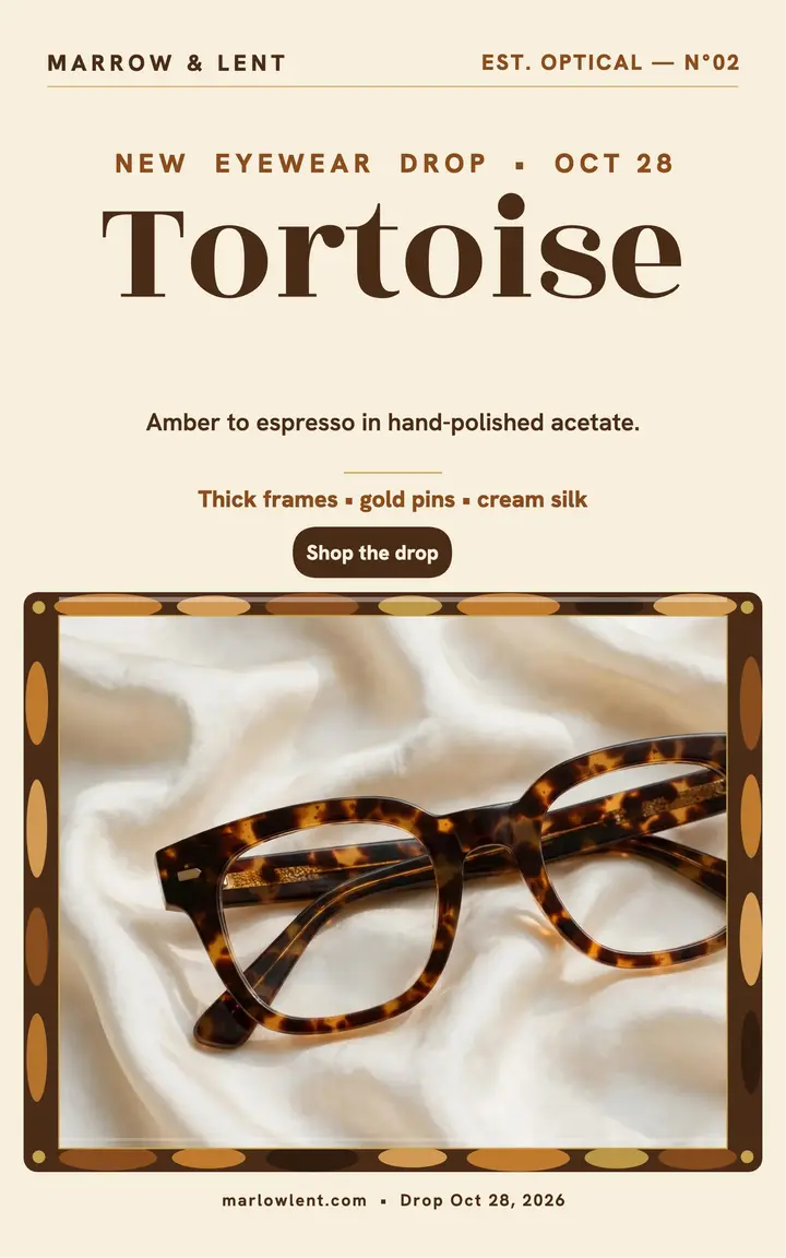 Marrow and Lent tortoise eyewear launch cover: eyewear launch cover template