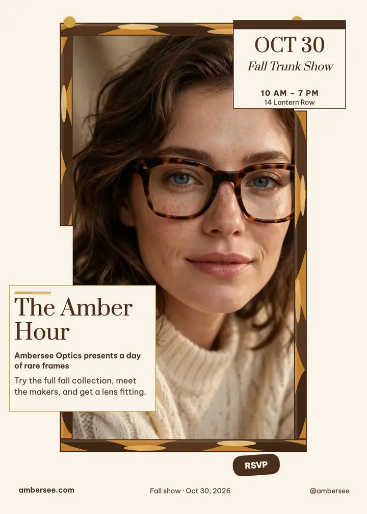 Ambersee trunk show invitation, tortoise frame: eyewear trunk show invitation template