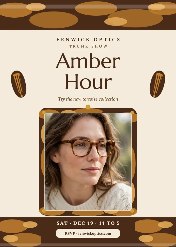 Fenwick Optics tortoise trunk show invite: eyewear trunk show invitation template