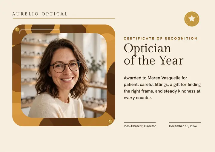 Aurelio Optical optician of the year certificate template