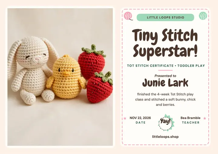 Tot Stitch Certificate, Little Loops Studio template