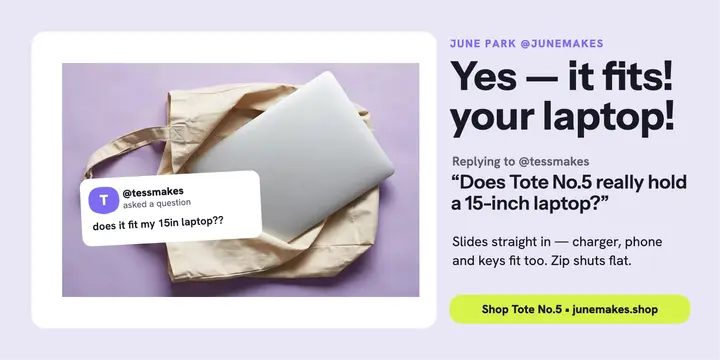 June Park tote laptop answer reply post template