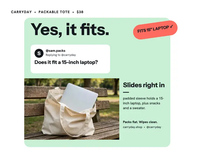 Carryday tote laptop fit FAQ flyer: tote faq flyer template