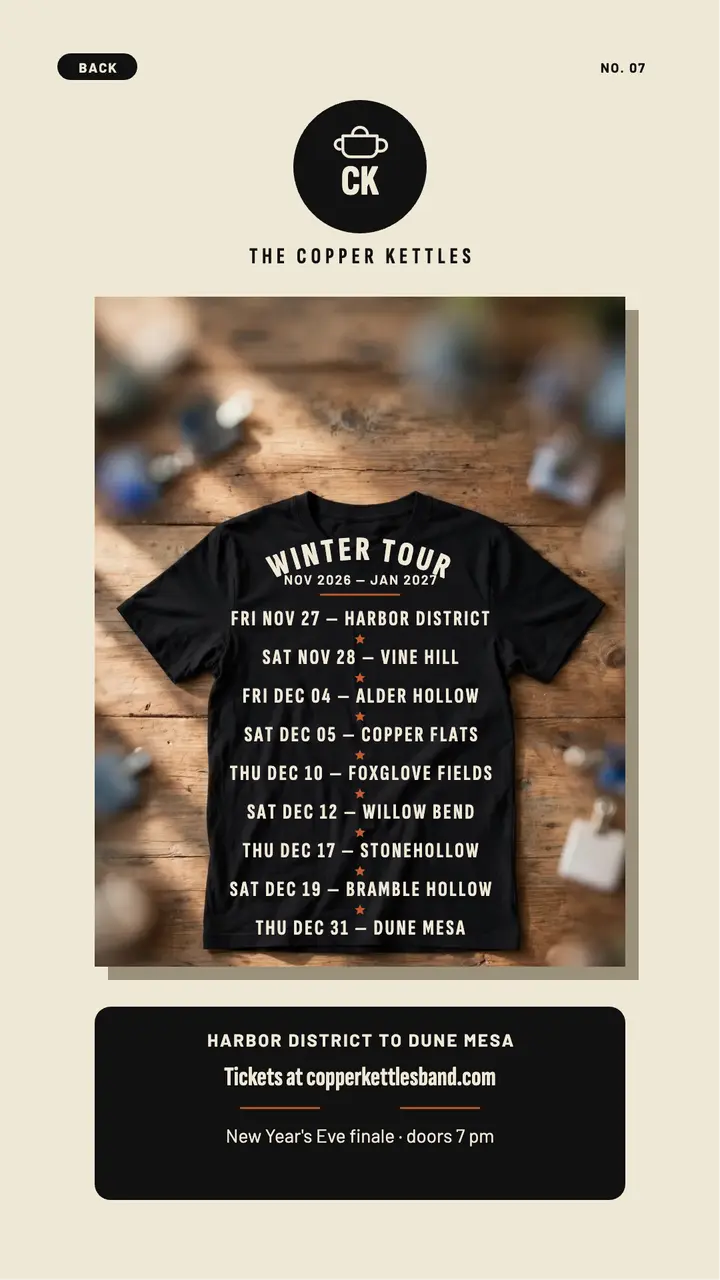 Copper Kettles winter tour tee story template