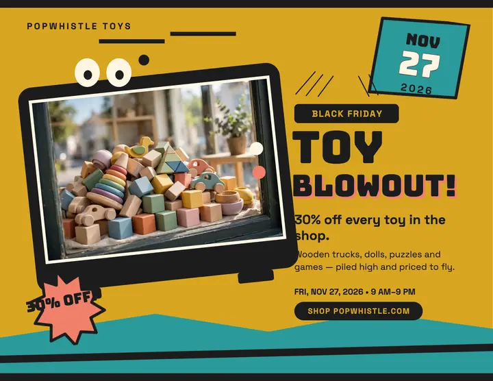Popwhistle toy blowout cartoon flyer: black friday toy sale flyer template