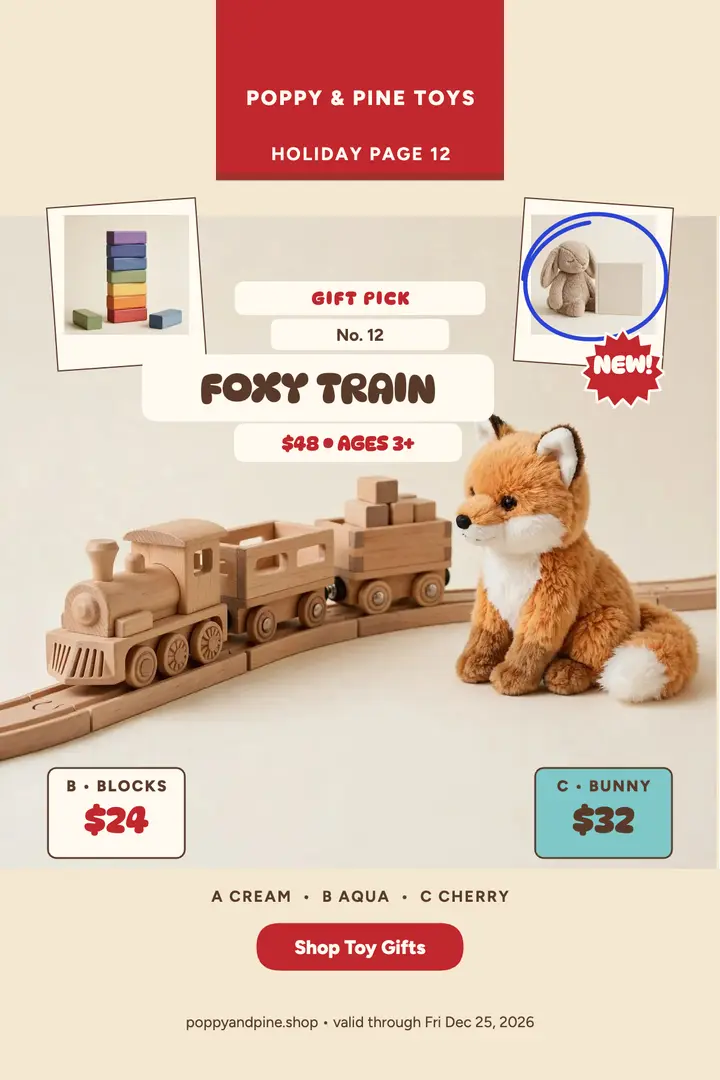 Poppy and Pine holiday toy catalog poster template