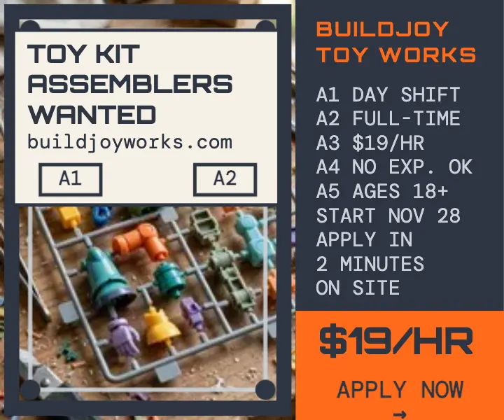Buildjoy Toy Works hiring assemblers ad: toy maker hiring ad template