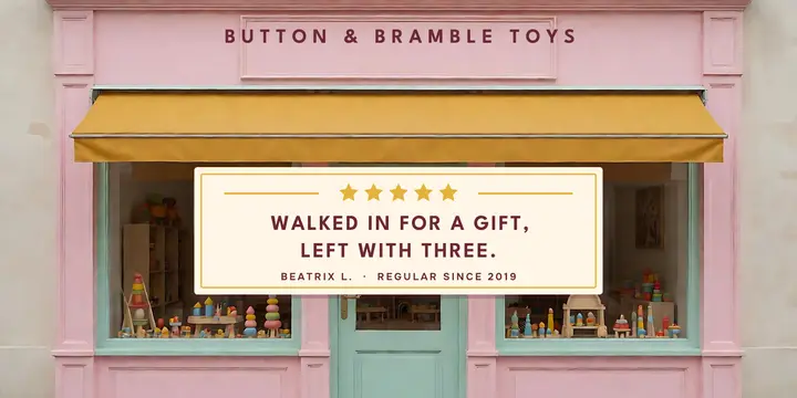Button & Bramble toy shop review card, storybook symmetry template