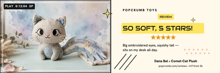 Popcrumb five star plush review header: toy shop review header template