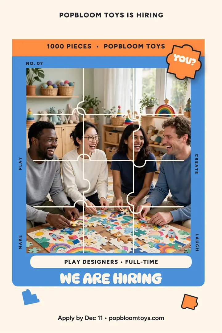 Popbloom Toys hiring poster, jigsaw team template