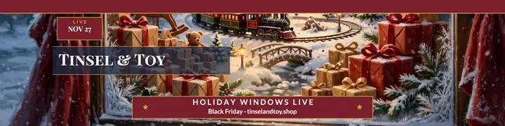 Tinsel and Toy holiday windows banner: holiday shop banner template