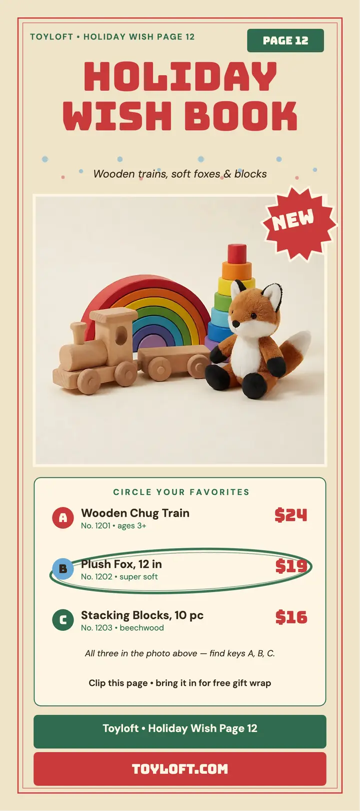 Toyloft holiday wish book rack card: holiday toy catalog card template