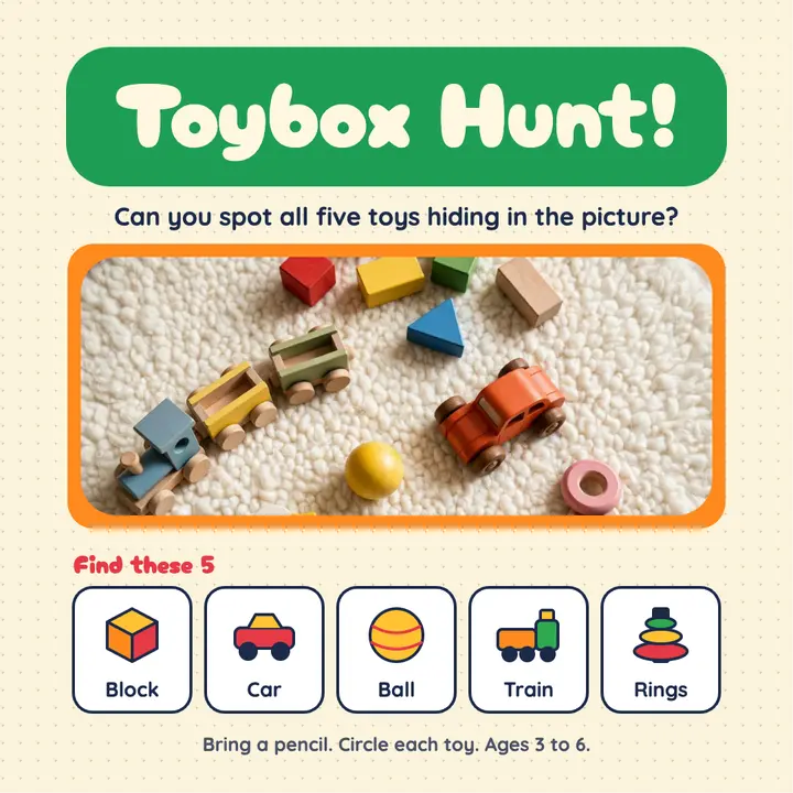 Toybox Hunt find-it activity sheet: kids activity sheet template