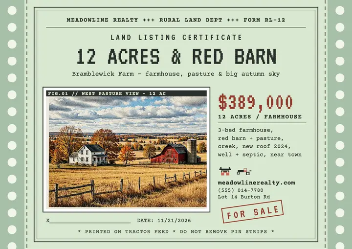 Meadowline farmhouse 12-acre listing printout: farm land listing certificate template