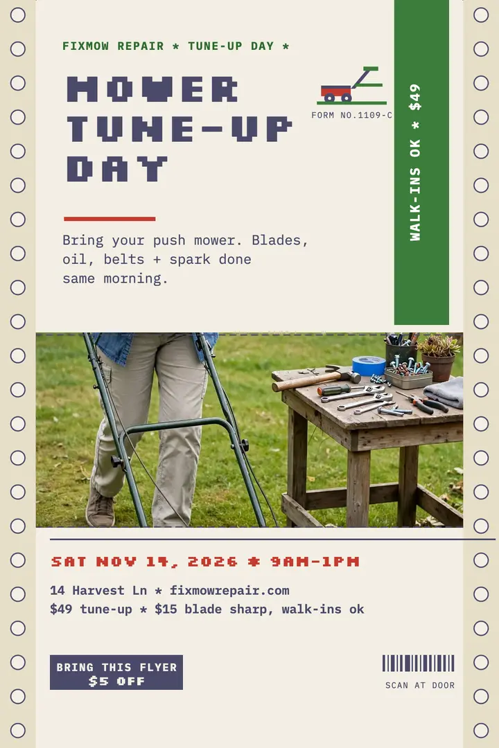 Fixmow mower tune-up day poster: mower repair poster template
