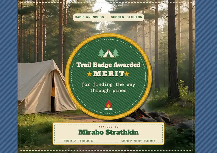 Camp Wrenmoss trail badge certificate, embroidered patch template