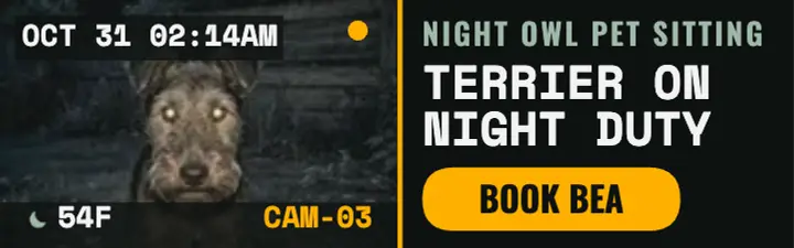 Night Owl terrier night-cam mobile ad: pet sitter night ad template