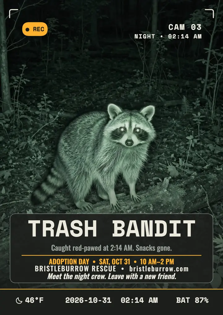 Bristleburrow raccoon trail-cam flyer: raccoon adoption flyer template