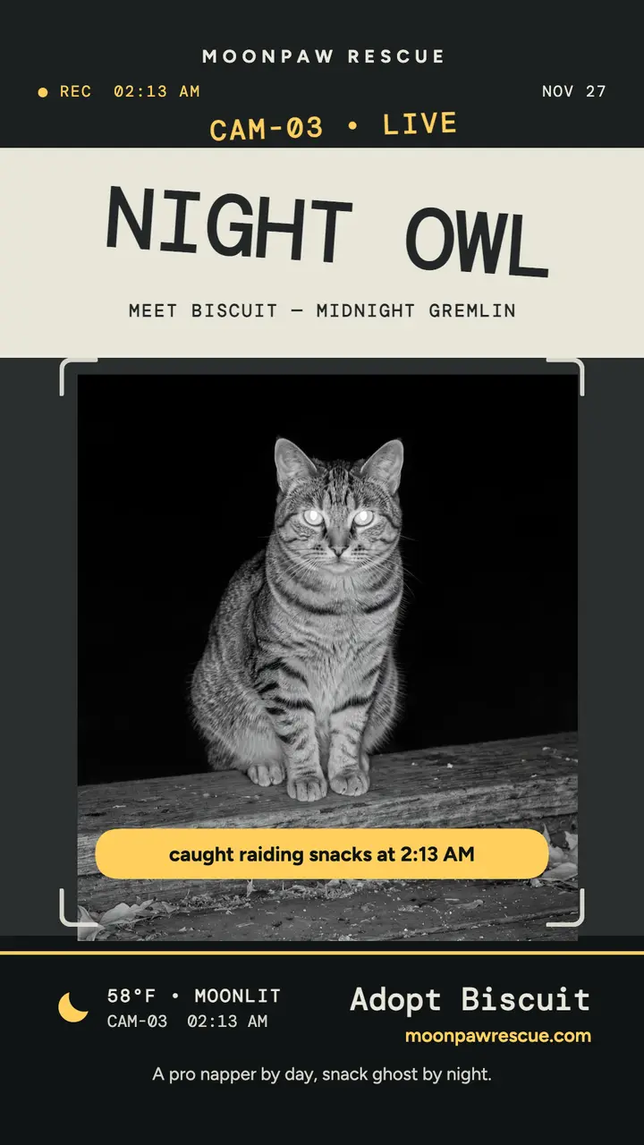 Biscuit night-owl trail cam adoption story template